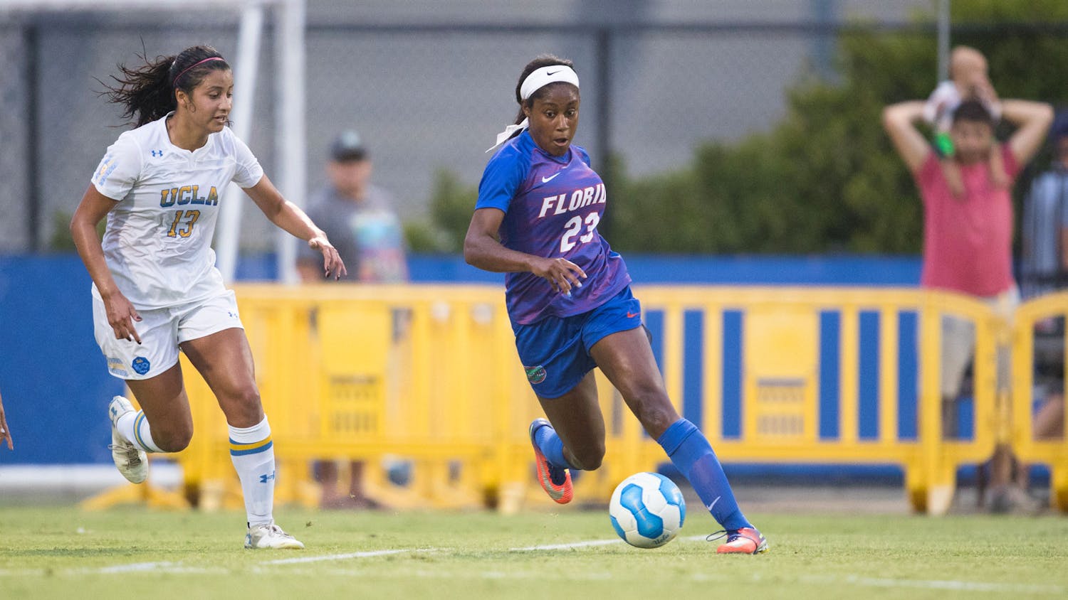 Florida soccer junior Kouri Peace on the field during a game against UCLA. She kneels with her teammates to bring awareness of ongoing racial injustices in the country.