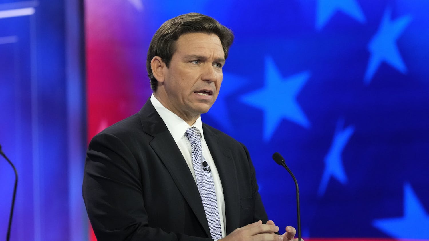 Republican presidential candidate Florida Gov. Ron DeSantis speaks during a Republican presidential primary debate hosted by NBC News, Wednesday, Nov. 8, 2023, at the Adrienne Arsht Center for the Performing Arts of Miami-Dade County in Miami. (AP Photo/Rebecca Blackwell)