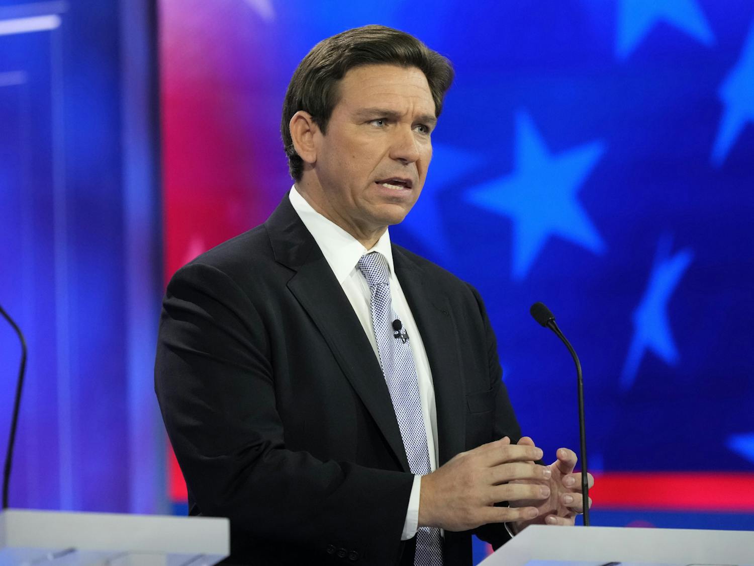 Republican presidential candidate Florida Gov. Ron DeSantis speaks during a Republican presidential primary debate hosted by NBC News, Wednesday, Nov. 8, 2023, at the Adrienne Arsht Center for the Performing Arts of Miami-Dade County in Miami. (AP Photo/Rebecca Blackwell)