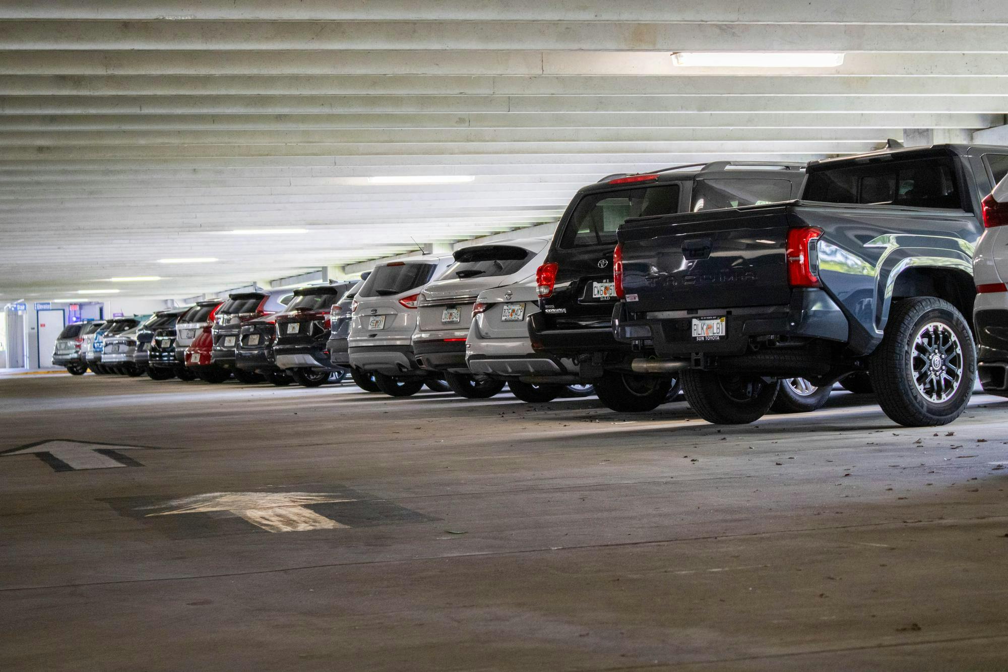 Cars park alongside one another in Parking Garage 5, Friday, Oct. 16, 2026, in Gainesville, Fla.