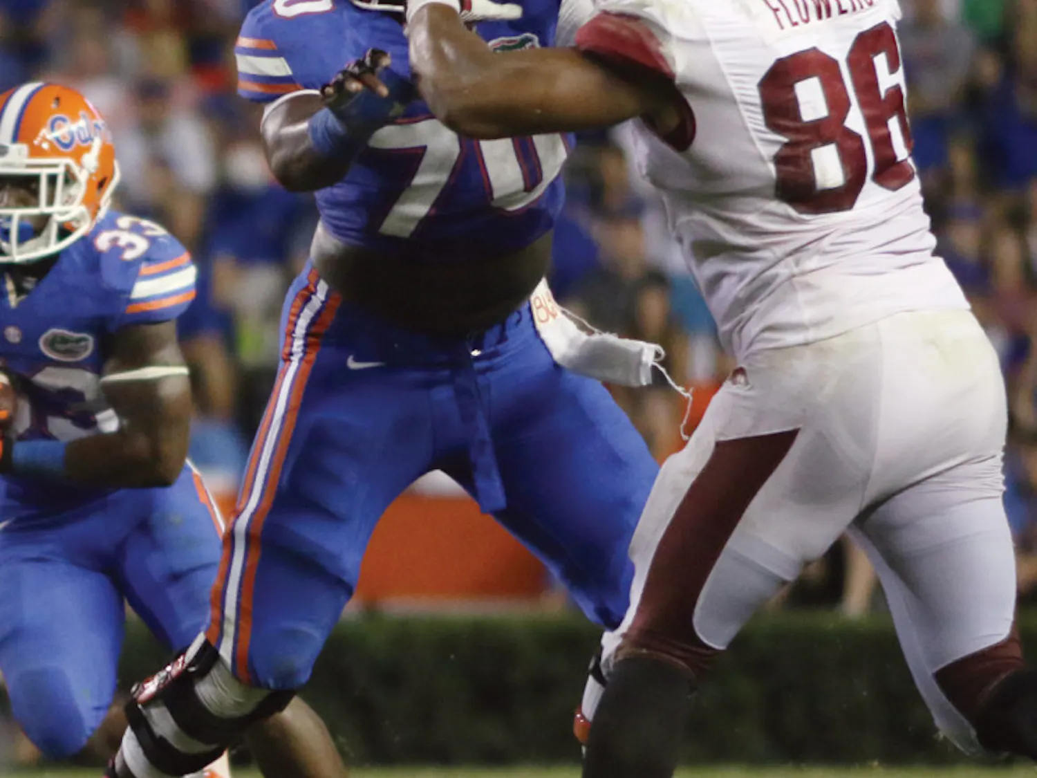 D.J. Humphries blocks an Arkansas defensive lineman during Florida’s 30-10 win against Arkansas on Oct. 5 in Ben Hill Griffin Stadium.
