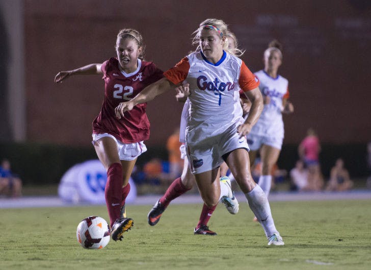Savannah Jordan battles for the ball during Florida’s 3-0 victory against Alabama on Sept. 20 at James G. Pressly Stadium.&nbsp;