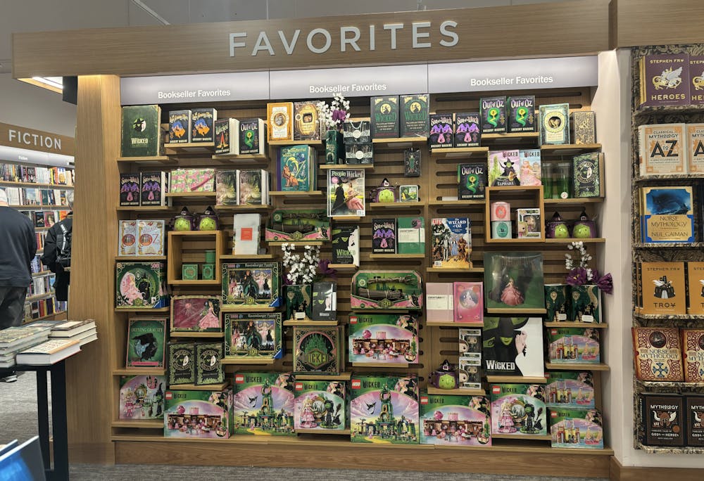 <p>Barnes and Noble bookshelf lined with "Wicked" books and merchandise.</p>