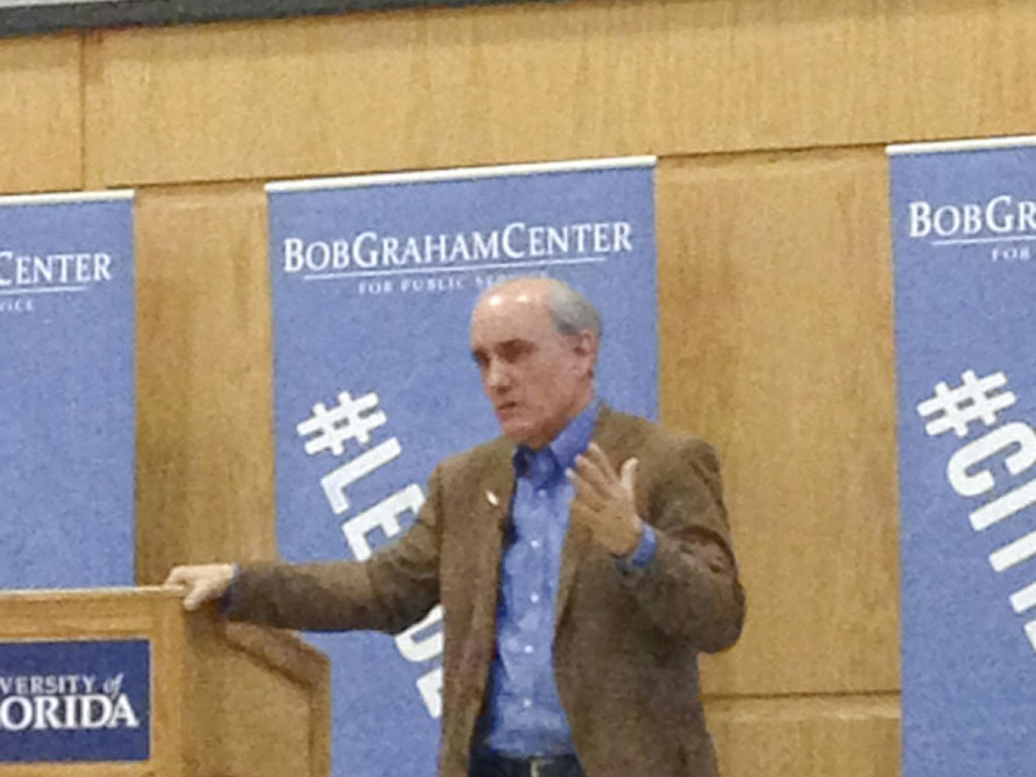 Dan Barker, co-president of the Freedom From Religion Foundation, speaks to about 60 students and Gainesville residents about atheism and the meaning of life. “We give value to things that are rare,” he said. “So we atheists and non-believers acknowledge that our lives are brief, which gives them more value.”