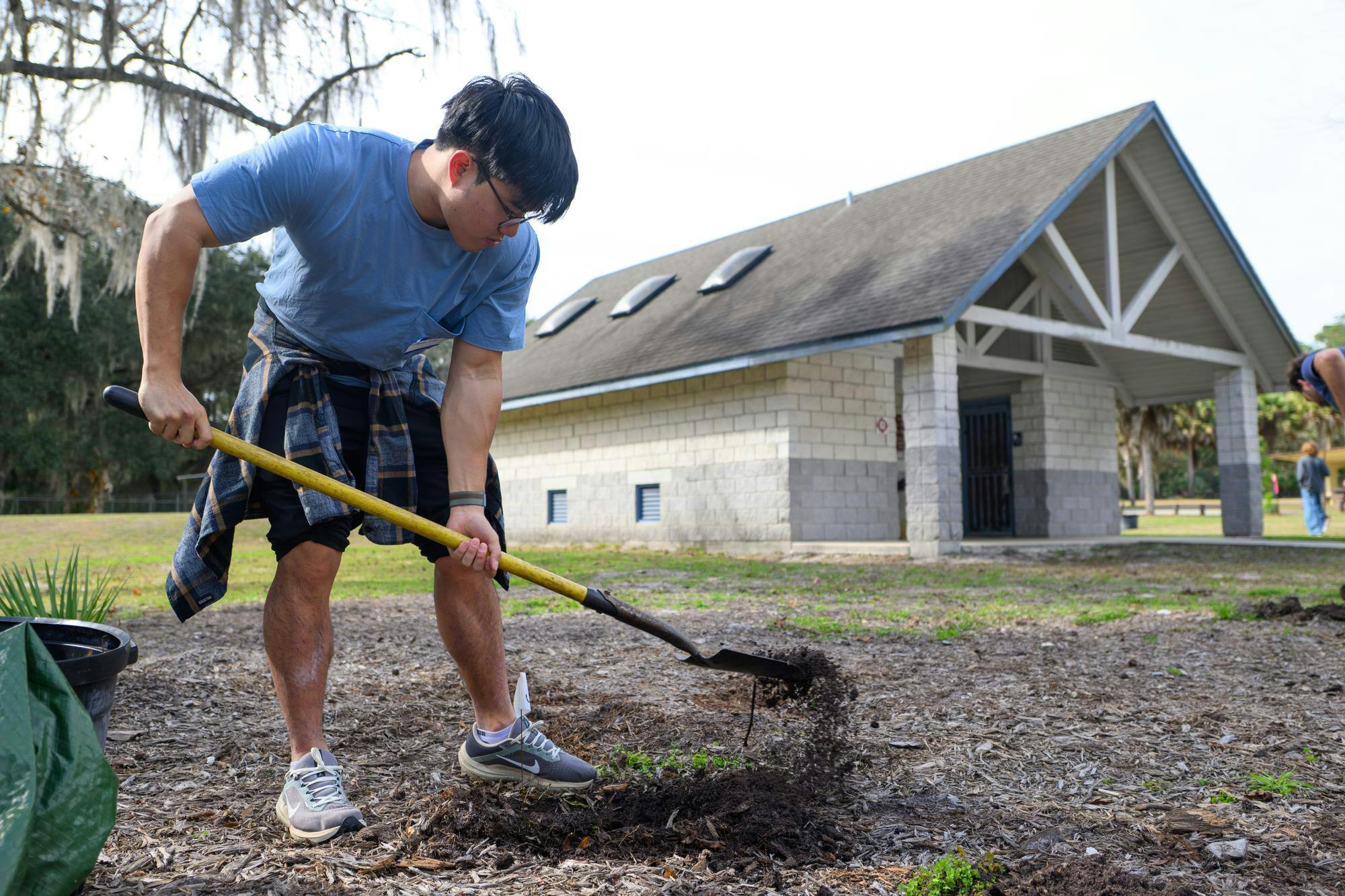 Jihwan Kim, a tree planting volunteer, digs a hole during an Arbor Day festival at Earl P. Powers Park in Gainesville, Fla., Saturday, Jan. 17, 2026.