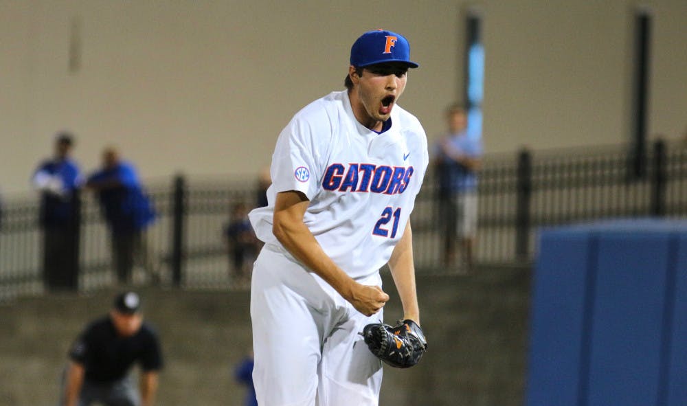 Alex Faedo celebrates during UF's 1-0 win against LSU on March 24, 2017, at McKethan Stadium.