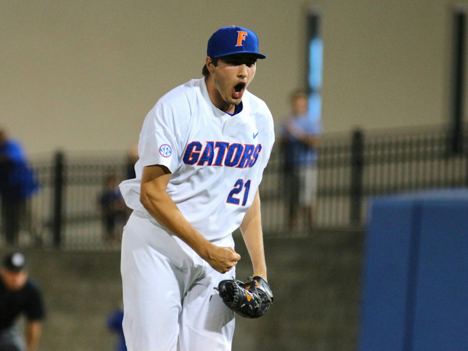 Alex Faedo celebrates during UF's 1-0 win against LSU on March 24, 2017, at McKethan Stadium.