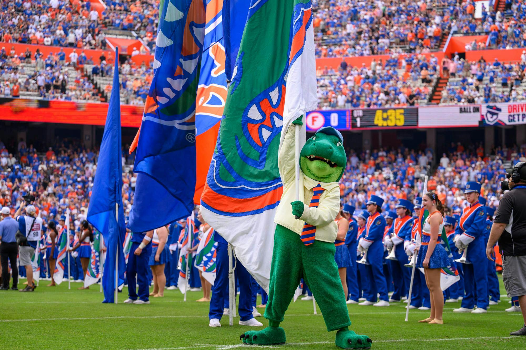 Albert the Gator prepares to run out with the team during the first half of an NCAA college football game against South Carolina, Saturday, Oct. 10, 2026, in Gainesville, Fla.