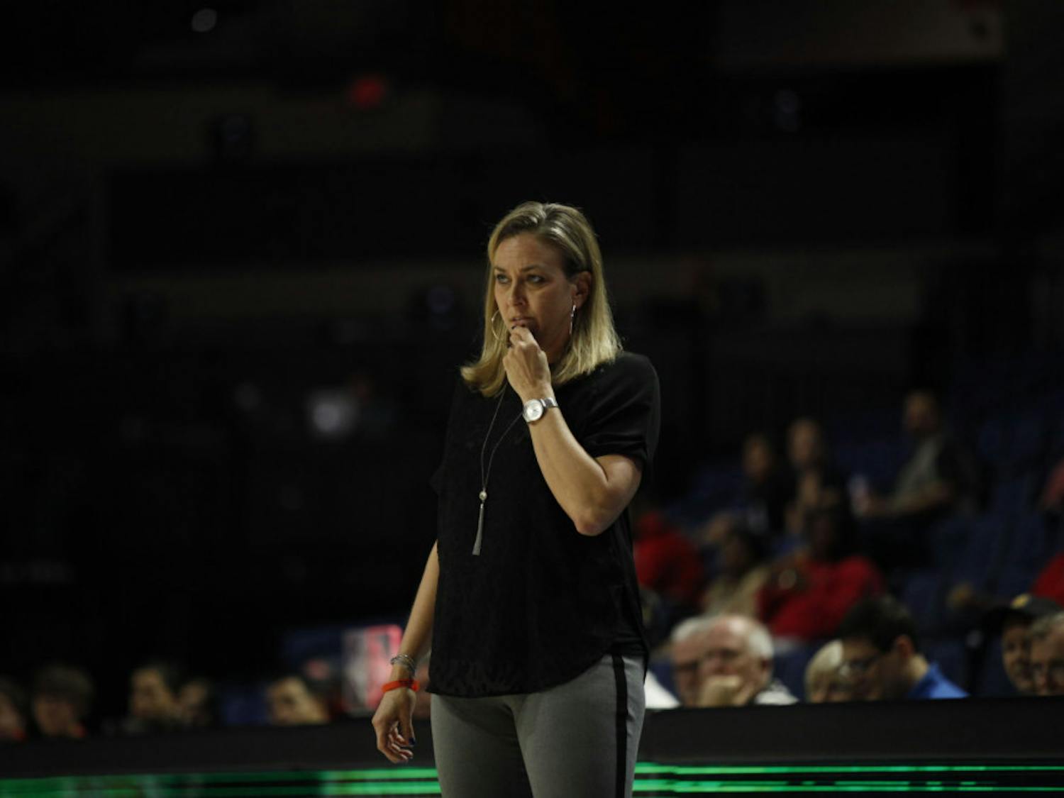 Former UF women's basketball coach Amanda Butler looks on during Florida's loss to Ole Miss on Feb. 6 in the O'Connell Center. Butler was fired on Monday.&nbsp;