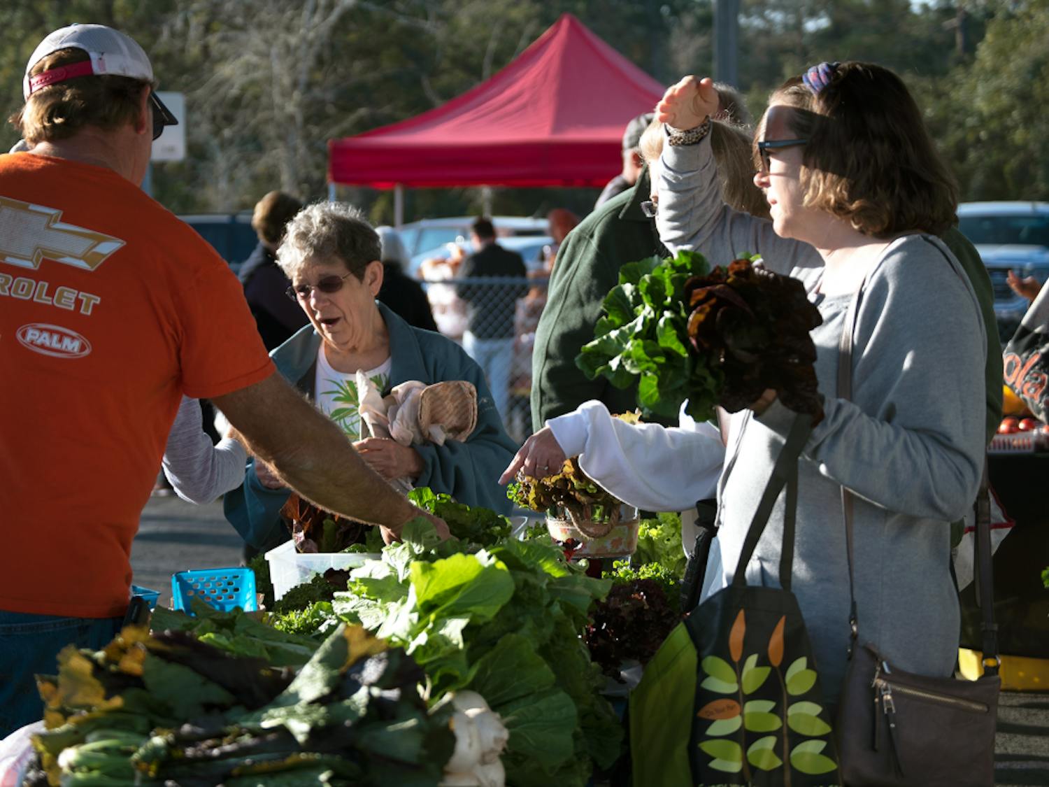 Rana Hyder, 42, right, waits to purchase vegetables from Jones Family Farms Saturday at the Alachua County Farmers Market,  at 5920 NW 13th St. The market offers Fresh Access Bucks that make it easier for Supplemental Nutrition Assistance Program recipients to purchase local produce.