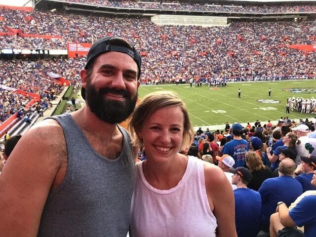 Matthew Baldwin and Stephanie Rüegg at the Gator football game against University of Tennessee-Martin on Sept. 7, 2019. This was Rüegg’s first-ever American football game she attended.&nbsp;
&nbsp;