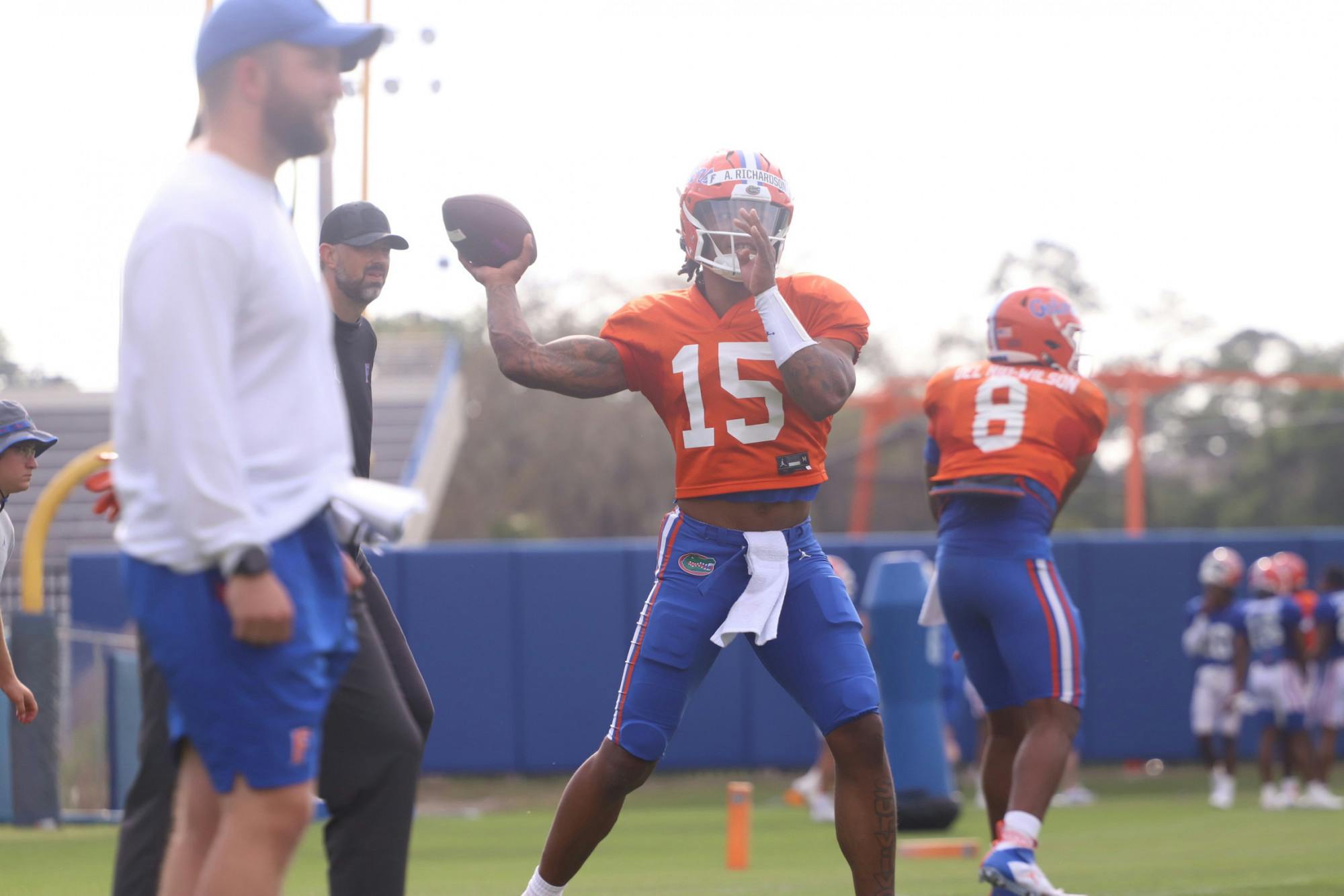 Quarterback Anthony Richardson throws a pass in a spring practice April 5, 2022.