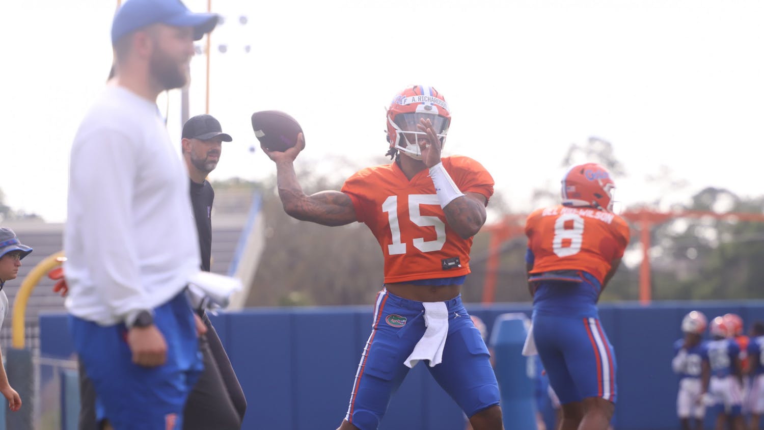 Quarterback Anthony Richardson throws a pass in a spring practice April 5, 2022.