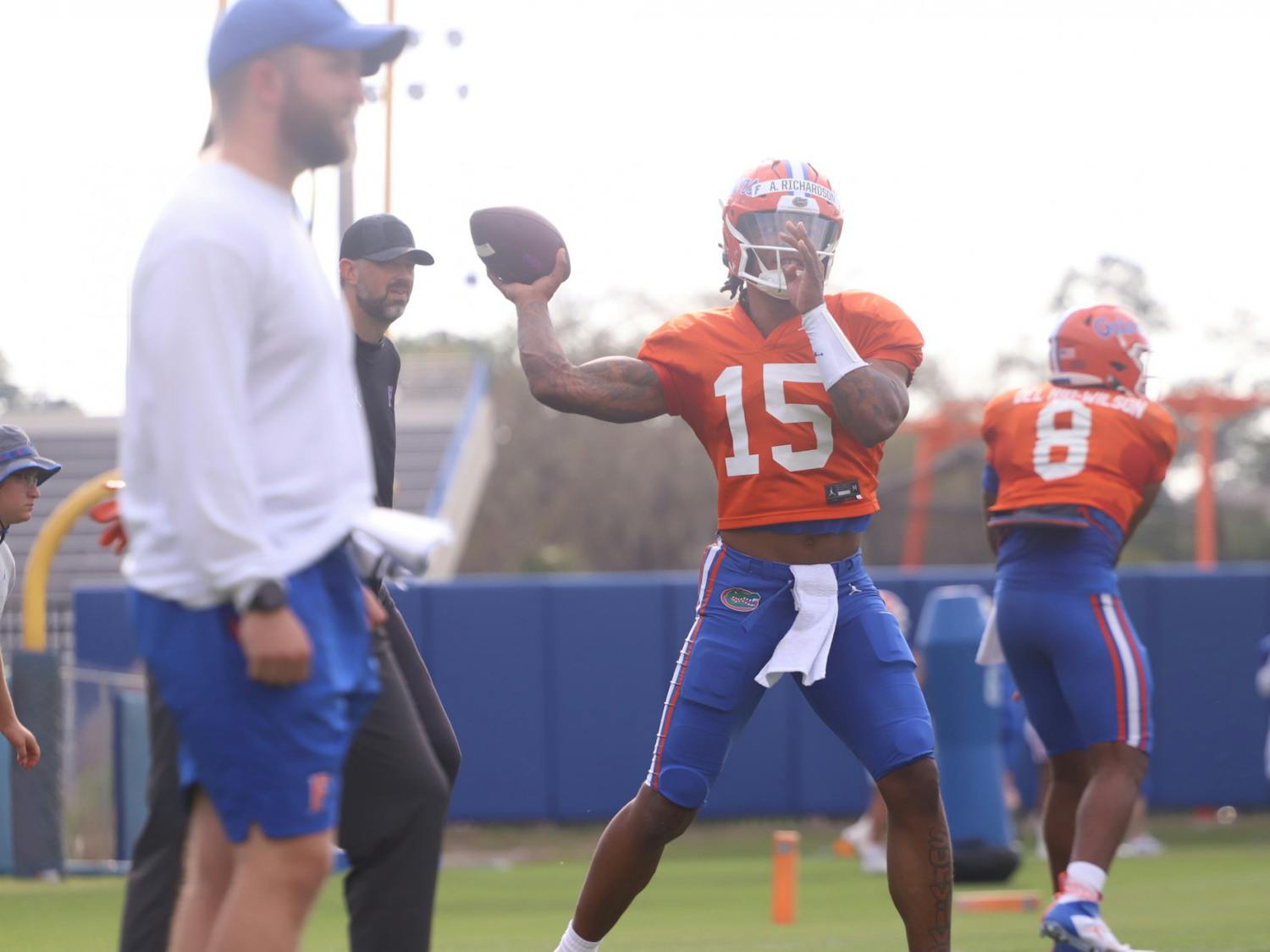 Quarterback Anthony Richardson throws a pass in a spring practice April 5, 2022.