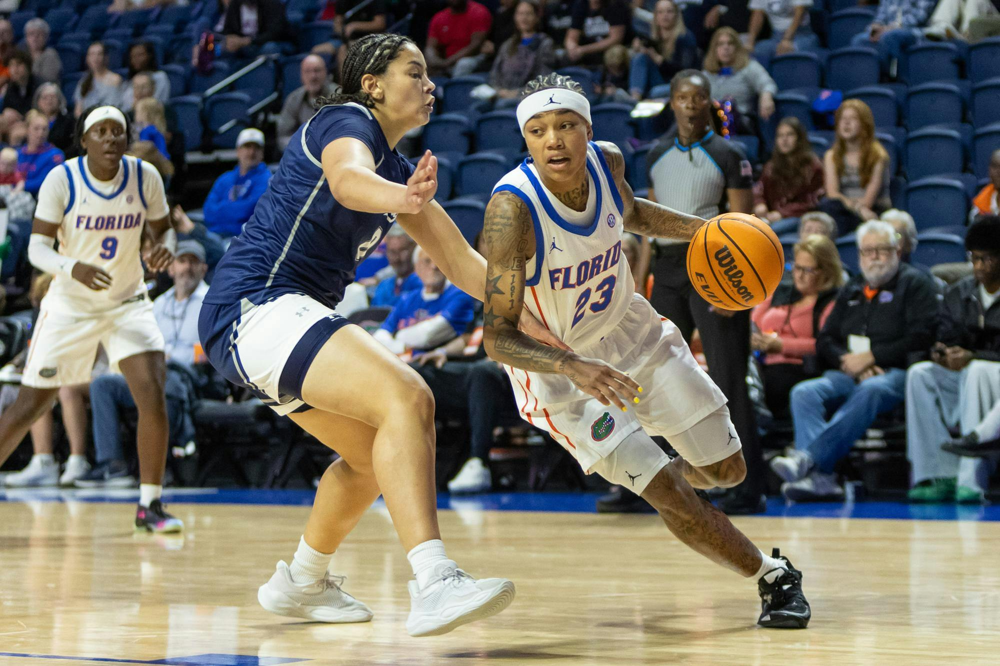 Florida guard Liv McGill (23) drives to the basket during a NCAA college basketball game against North Florida, Monday, Nov. 3, 2025, in Gainesville, Fla.