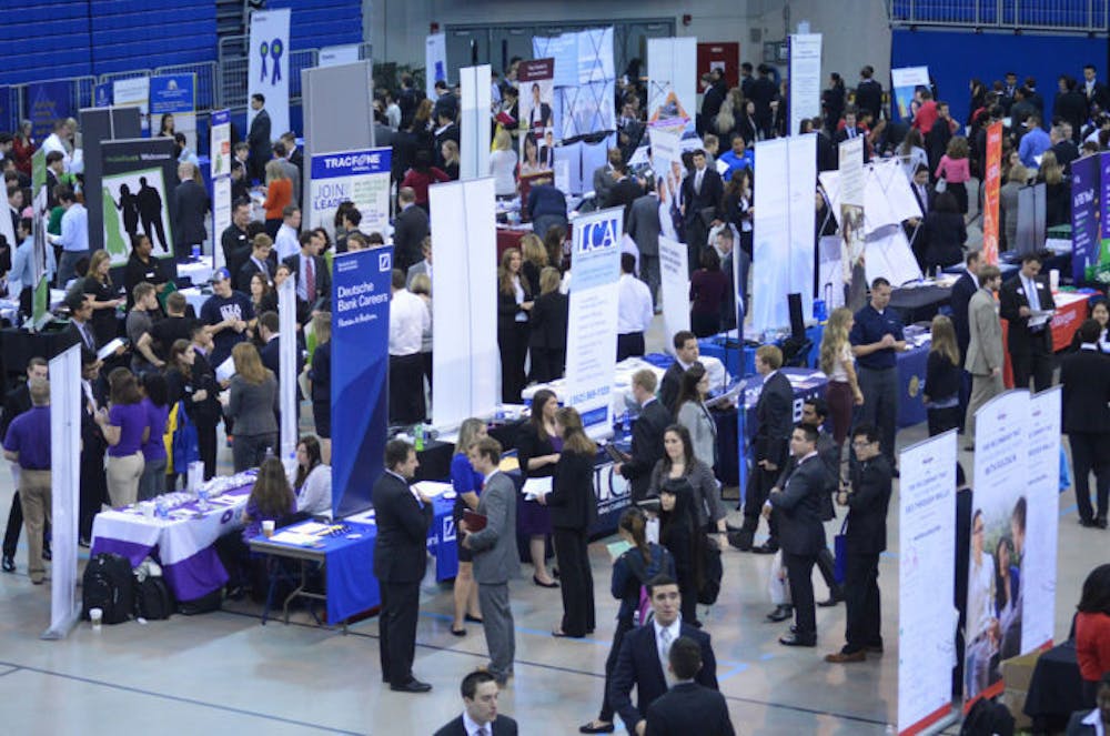 <p class="p1">Students gather in the Stephen C. O’Connell Center on Tuesday during the nontechnical day of UF’s Career Showcase. The second day of recruiting will feature the Technical Career Showcase — geared toward students looking for work in engineering, biology, computer sciences and other technical backgrounds.&nbsp;</p>
