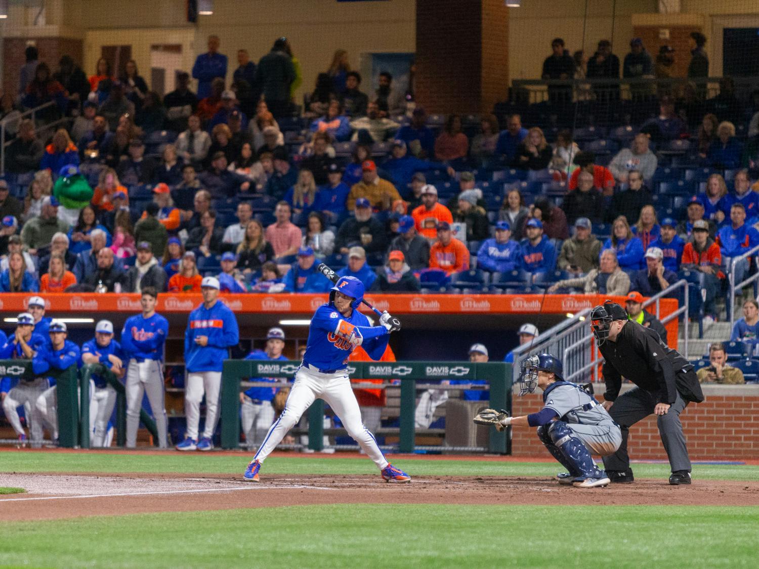 Florida baseball sophomore shortstop Colby Shelton prepares to swing in the Gators' win over the University of North Florida on Wednesday, February 21, 2024. 