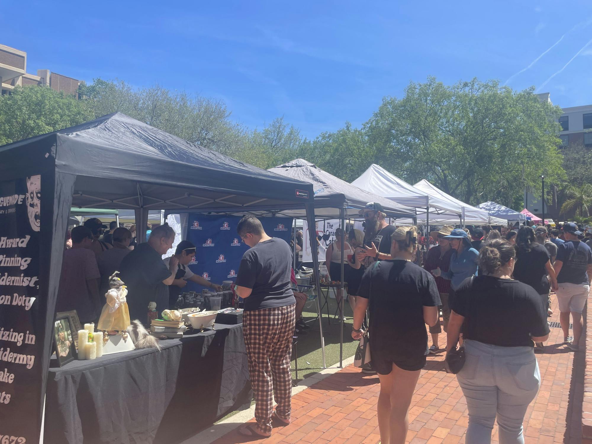 Visitors to the Gainesville Oddities Market explore the unusual items sold at the booths on April 7, 2023.
