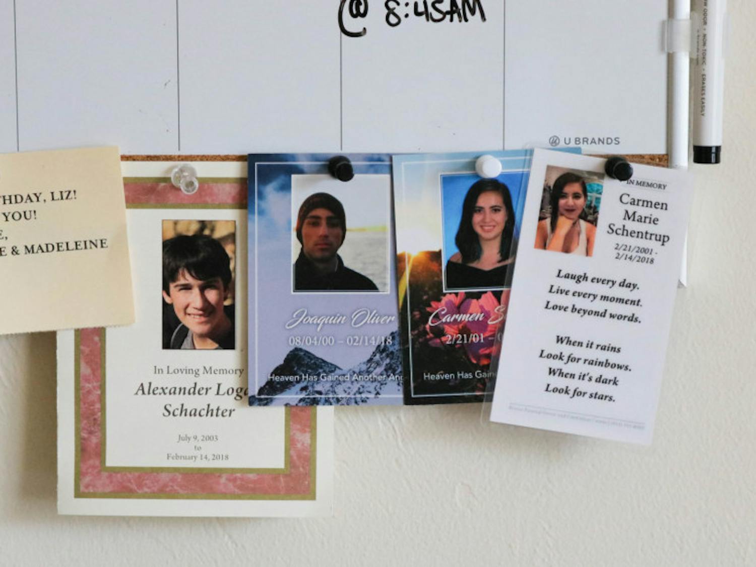 Photos on Parkland survivor Elizabeth Stout’s calendar are hung to remember the lost lives in the Marjory Stoneman Douglas tragedy.