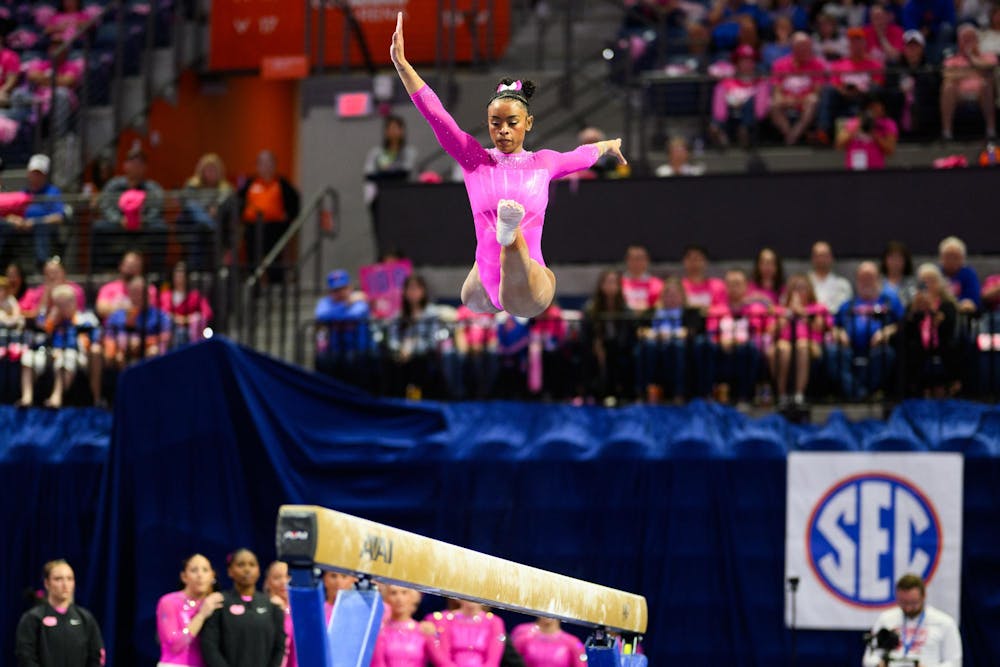 Florida gymnast Selena Harris-Miranda performs on the beam during an NCAA gymnastics meet against Oklahoma, Friday, Feb. 13, 2026, in Gainesville, Fla.
