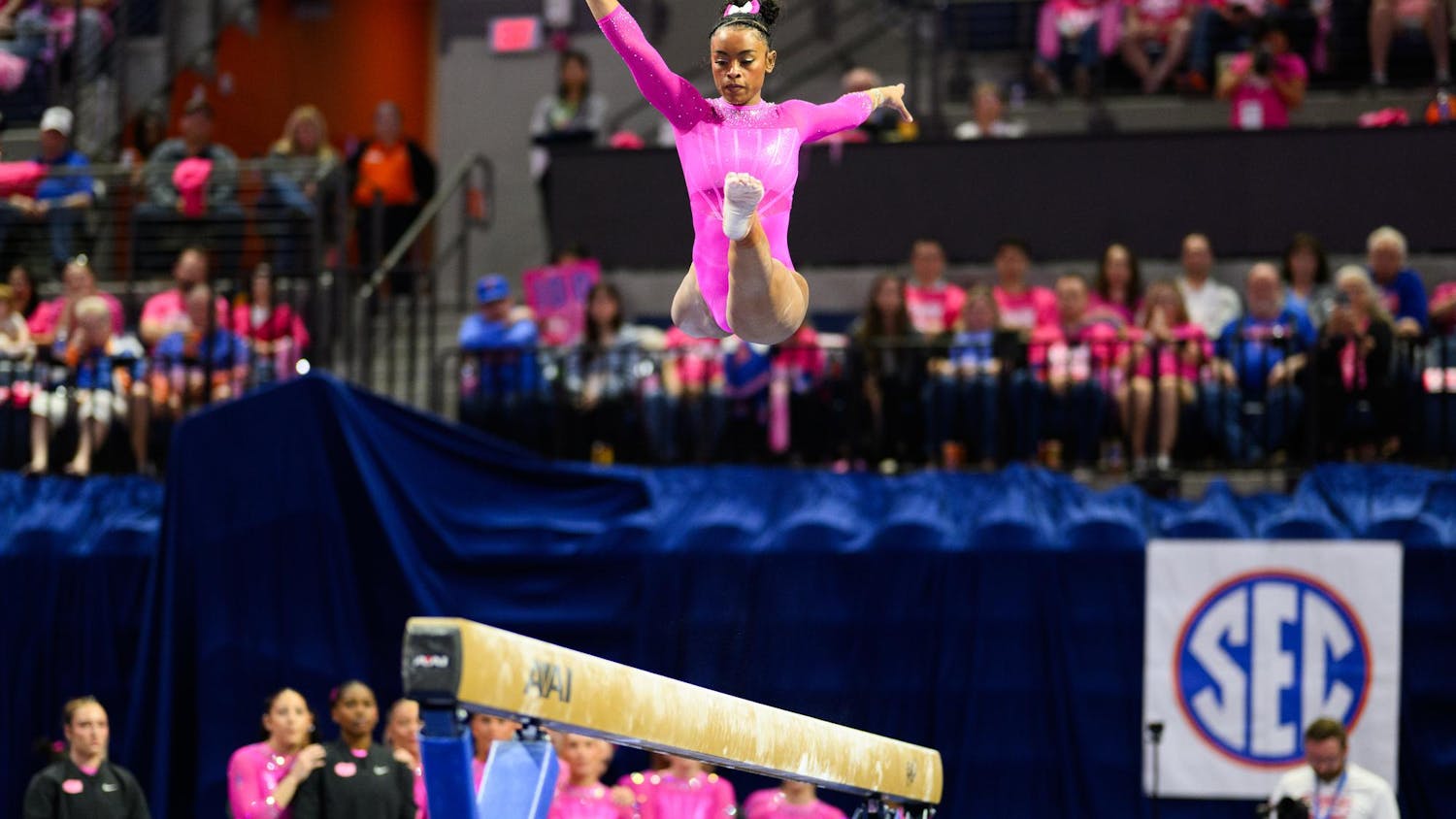 Florida gymnast Selena Harris-Miranda performs on the beam during an NCAA gymnastics meet against Oklahoma, Friday, Feb. 13, 2026, in Gainesville, Fla.