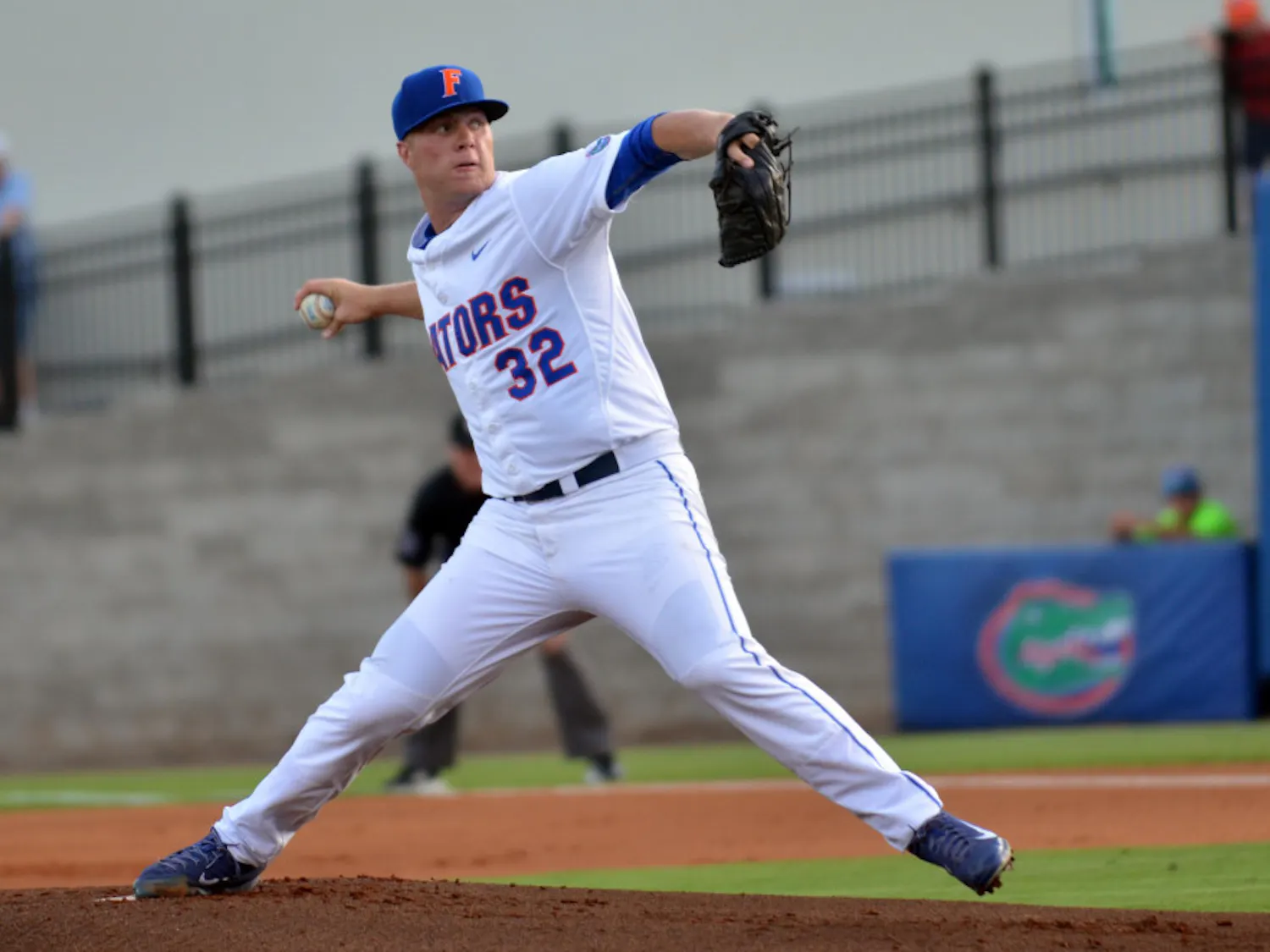 UF's Logan Shore pitches during Florida's 14-3 win against the South Carolina Gamecocks on April 10, 2015 at McKethan Stadium.
