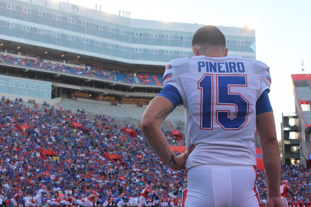 <p>Florida kicker Eddy Pineiro looks on during the Orange and Blue Debut on April 8, 2016, at Ben Hill Griffin Stadium. </p>