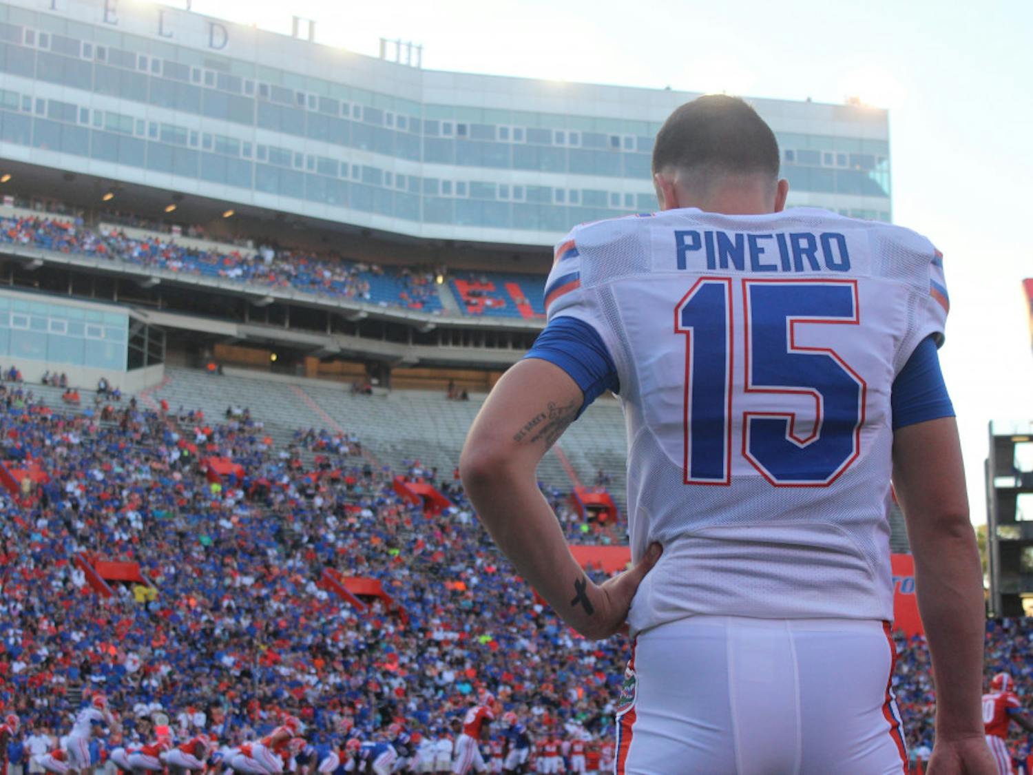 Florida kicker Eddy Pineiro looks on during the Orange and Blue Debut on April 8, 2016, at Ben Hill Griffin Stadium. 