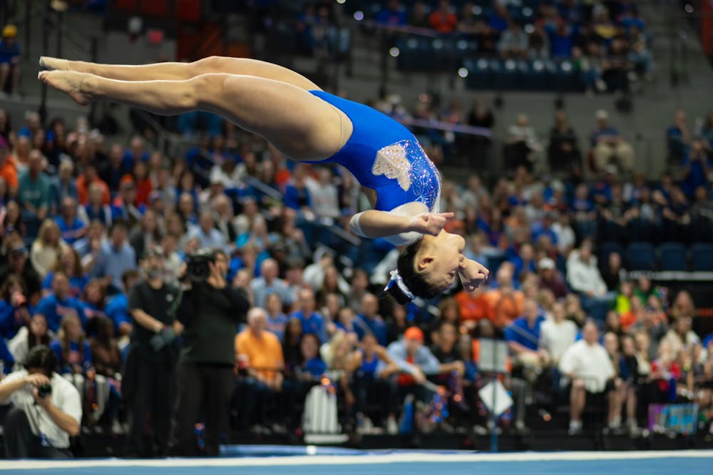 Junior Leanne Wong excels in her floor routine to earn a 10 and bring home the win for the Gators against LSU, Friday, Feb. 23, 2024. 