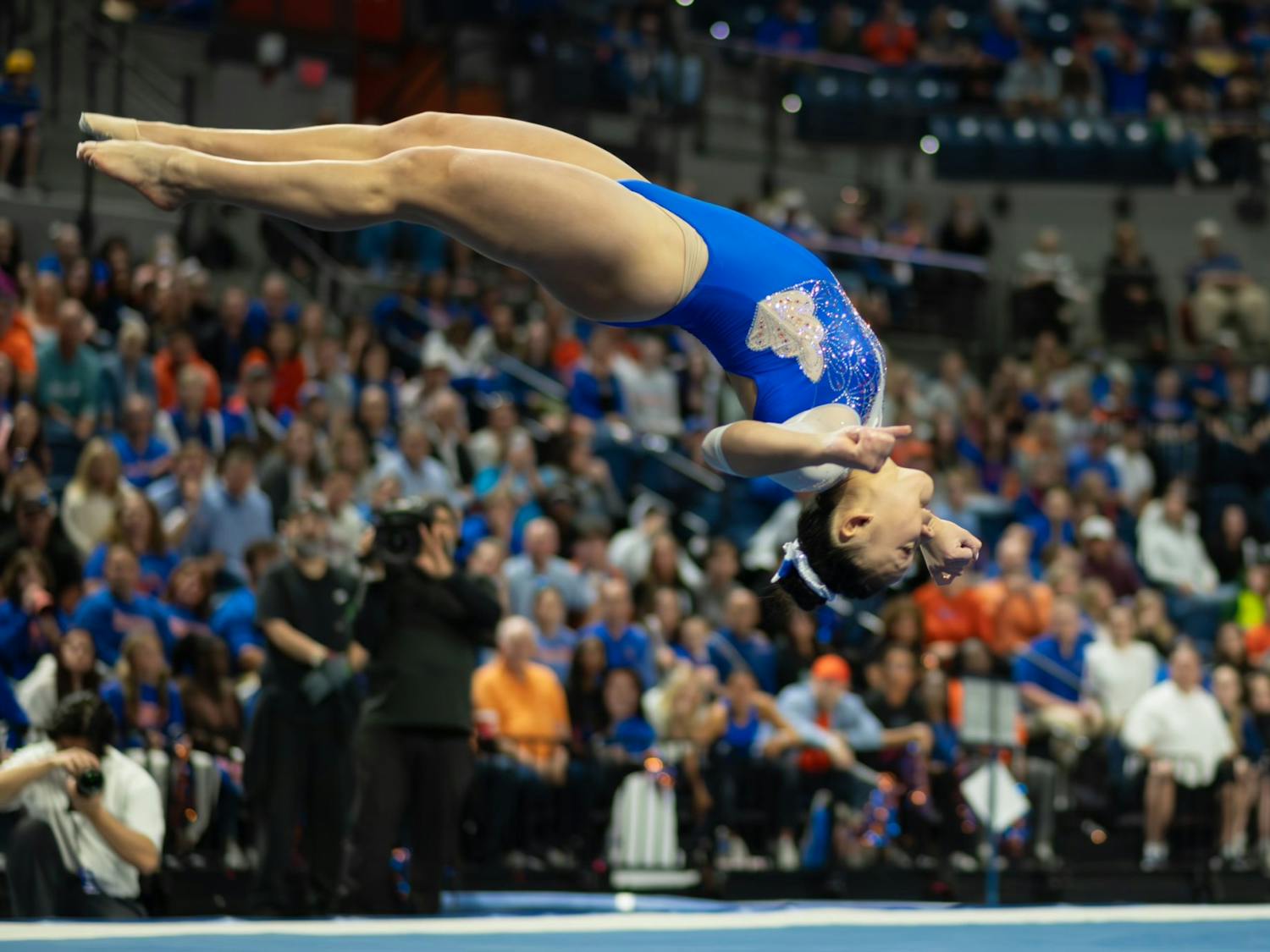 Junior Leanne Wong excels in her floor routine to earn a 10 and bring home the win for the Gators against LSU, Friday, Feb. 23, 2024. 