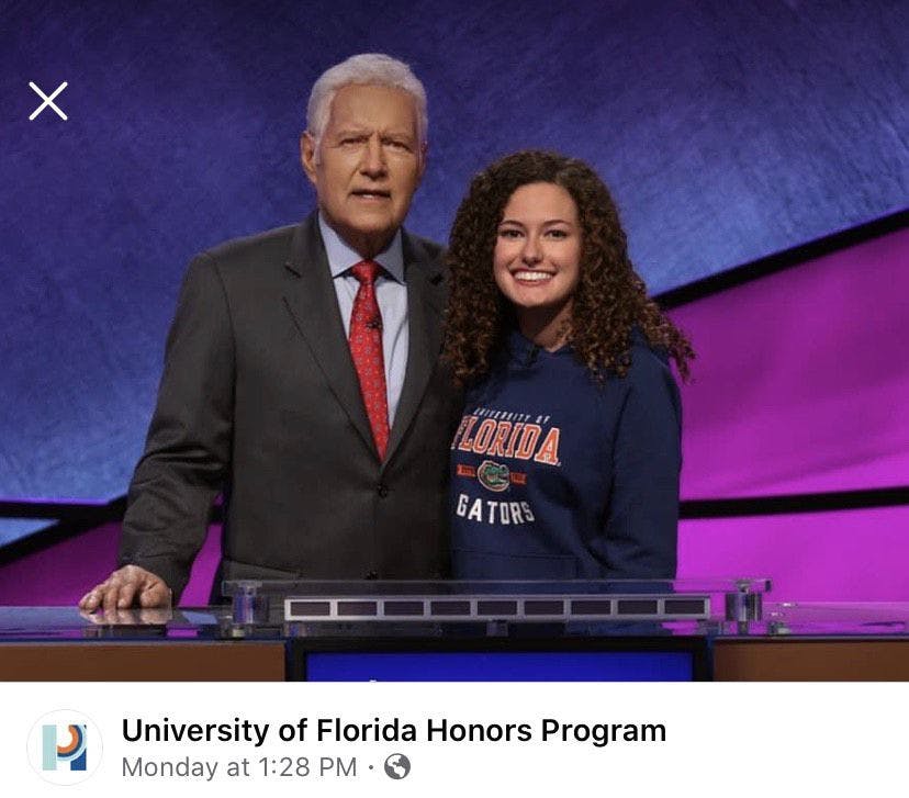 The University of Florida Honors Program posts a photo on Facebook Monday of Jeopardy! host Alex Trebek and Kayla Kalhor, a 19-year-old UF chemistry sophomore who competed in the show's College Championship.&nbsp;