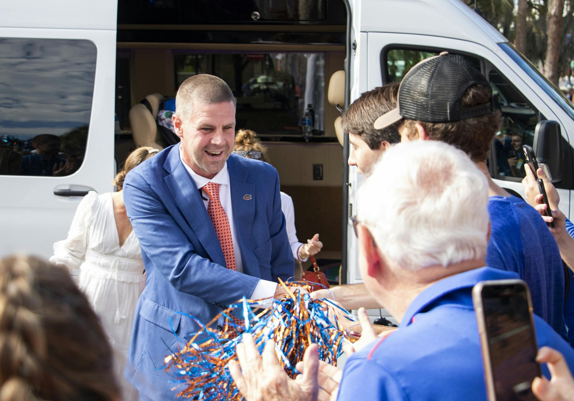 Florida football coach Billy Napier greets fans during his first day on the job Dec. 5, 2021 in Gainesville.