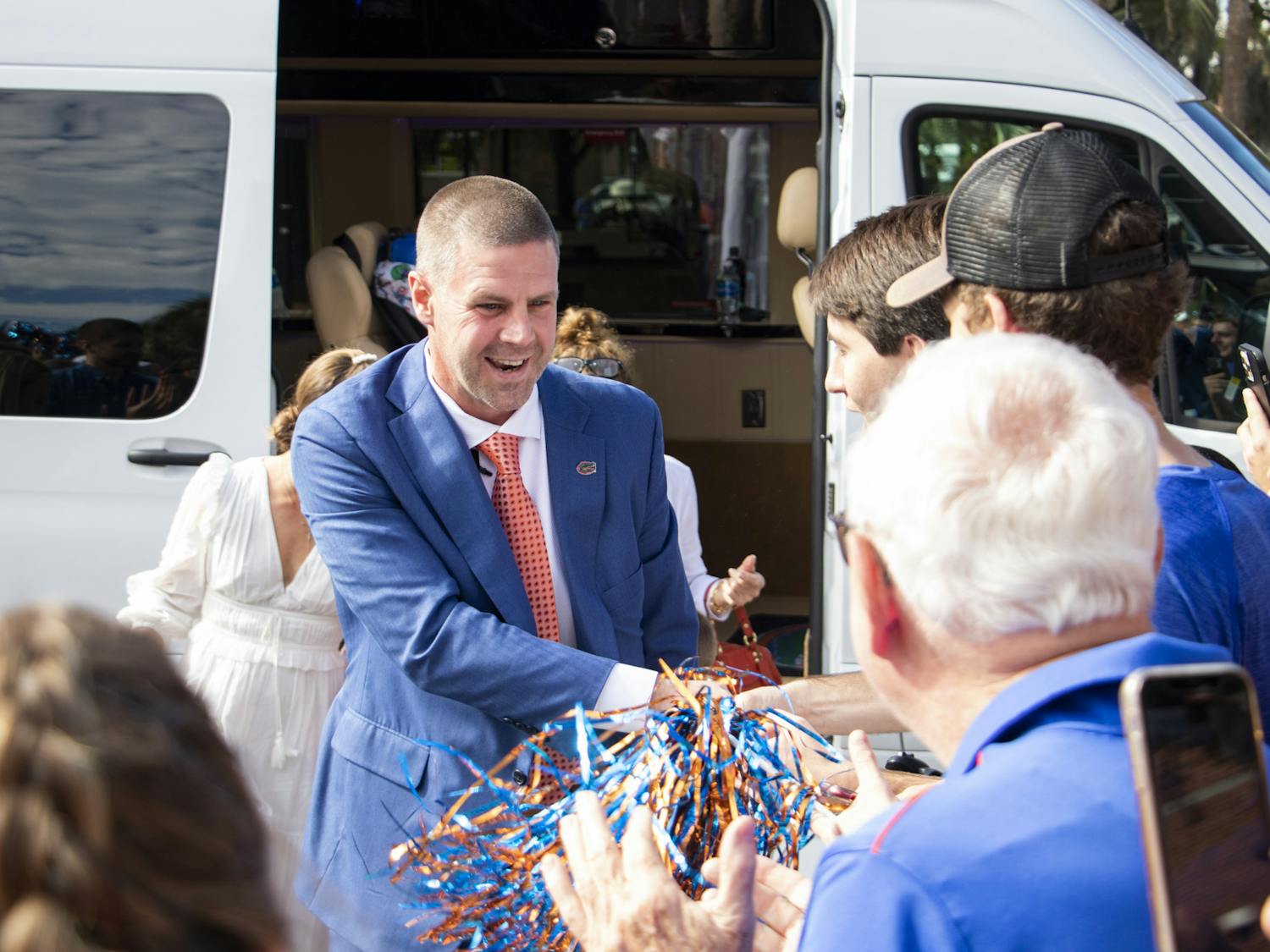Florida football coach Billy Napier greets fans during his first day on the job Dec. 5, 2021 in Gainesville.