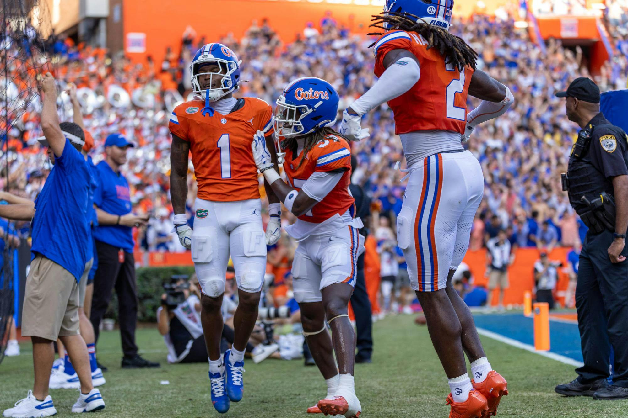 Florida wide receiver Vernell Brown III (1) celebrates in the first half of an NCAA college football game against Campbell, Saturday, Sept. 12, 2026, in Gainesville, Fla.