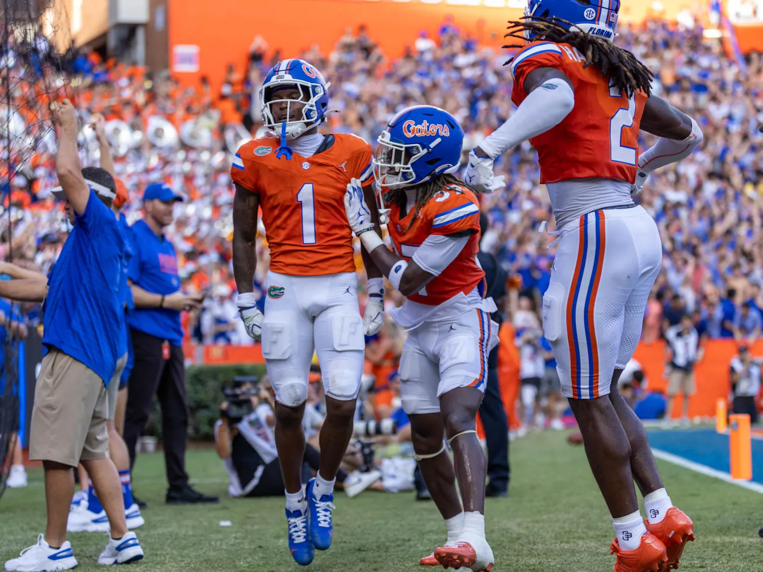 Florida wide receiver Vernell Brown III (1) celebrates in the first half of an NCAA college football game against Campbell, Saturday, Sept. 12, 2026, in Gainesville, Fla.