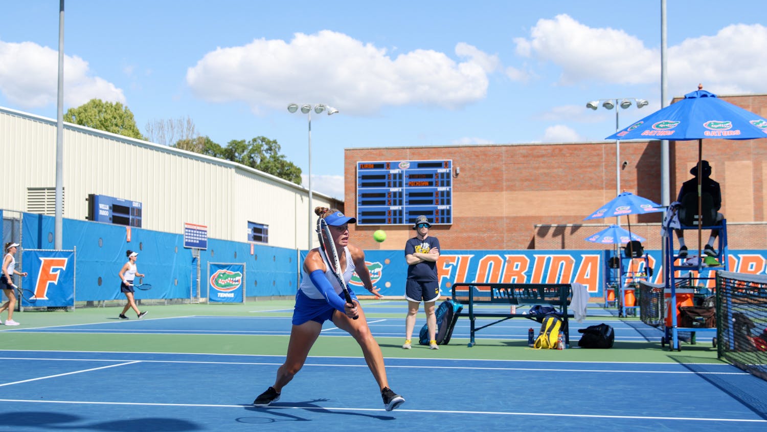Florida sophomore Bente Spee competes in her doubles match during the Gators' 4-1 win over the Michigan Wolverines Wednesday, March 22, 2023.