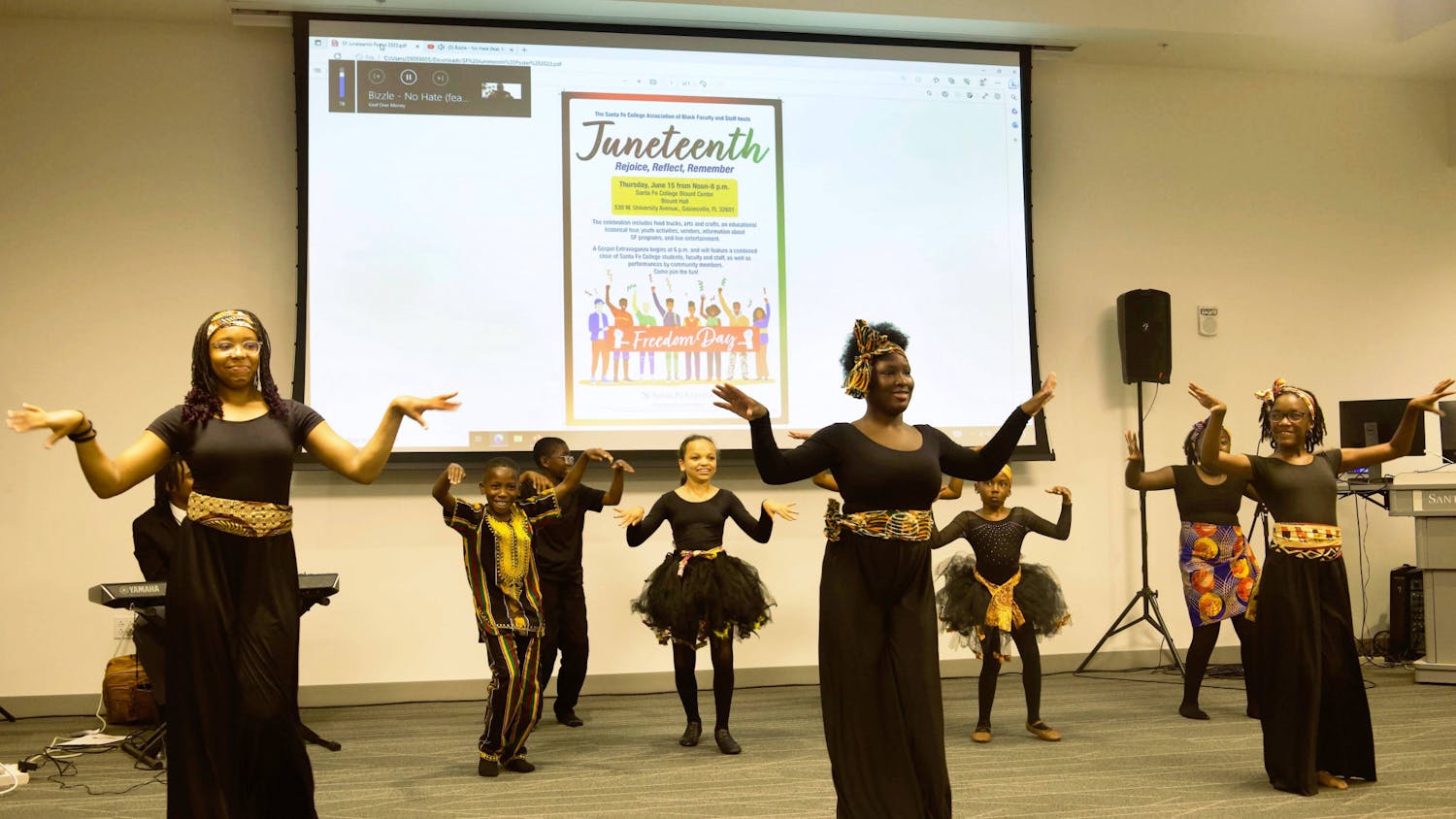 Ministries of Expressive Song and Dance perform a dance to the song No Hate by Bizzle at Santa Fe’s Blount Hall on Thursday, June 15, 2023. 