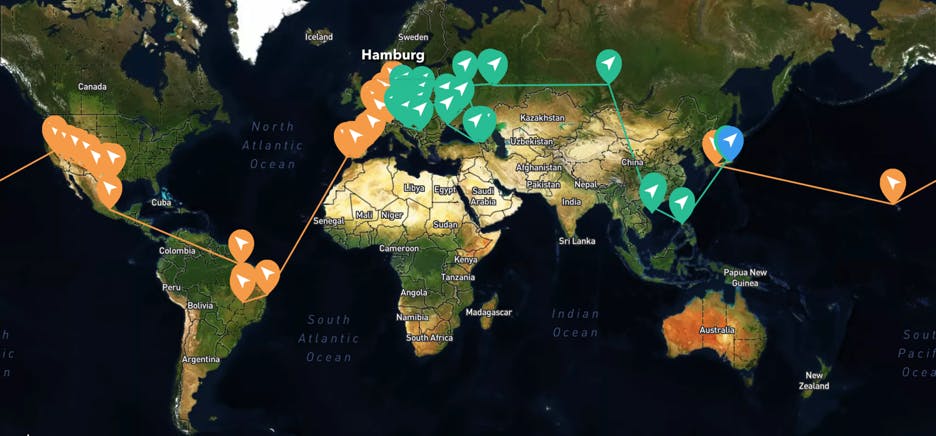 A map of the travelers’ journey. Team East, Briggs’ team, is the green.&nbsp;