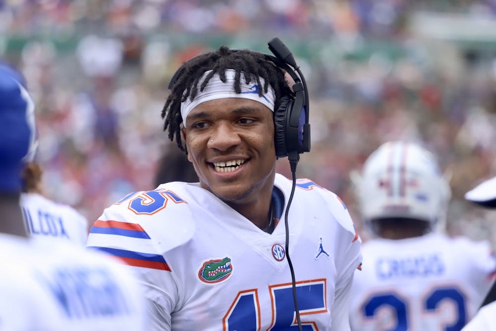 <p>Florida quarterback Anthony Richardson on the sidelines during the Gators’ 42-20 win over South Florida on Sept. 11, 2021. Richardson was named SEC Offensive Player of the Week Monday afternoon.</p>
