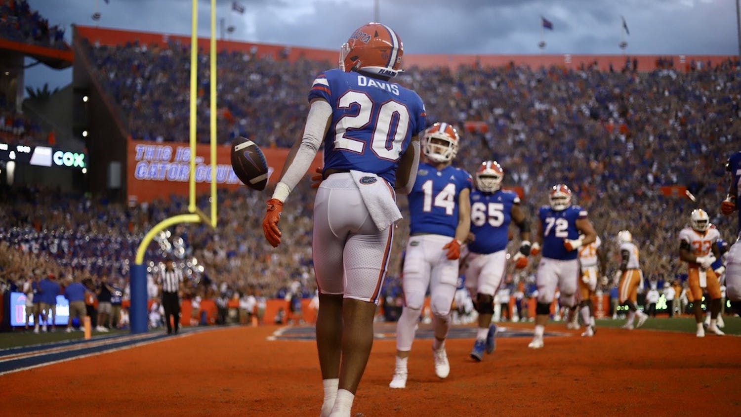 Florida's Malik Davis (20) celebrates an early touchdown against Tennessee on Sept. 25.