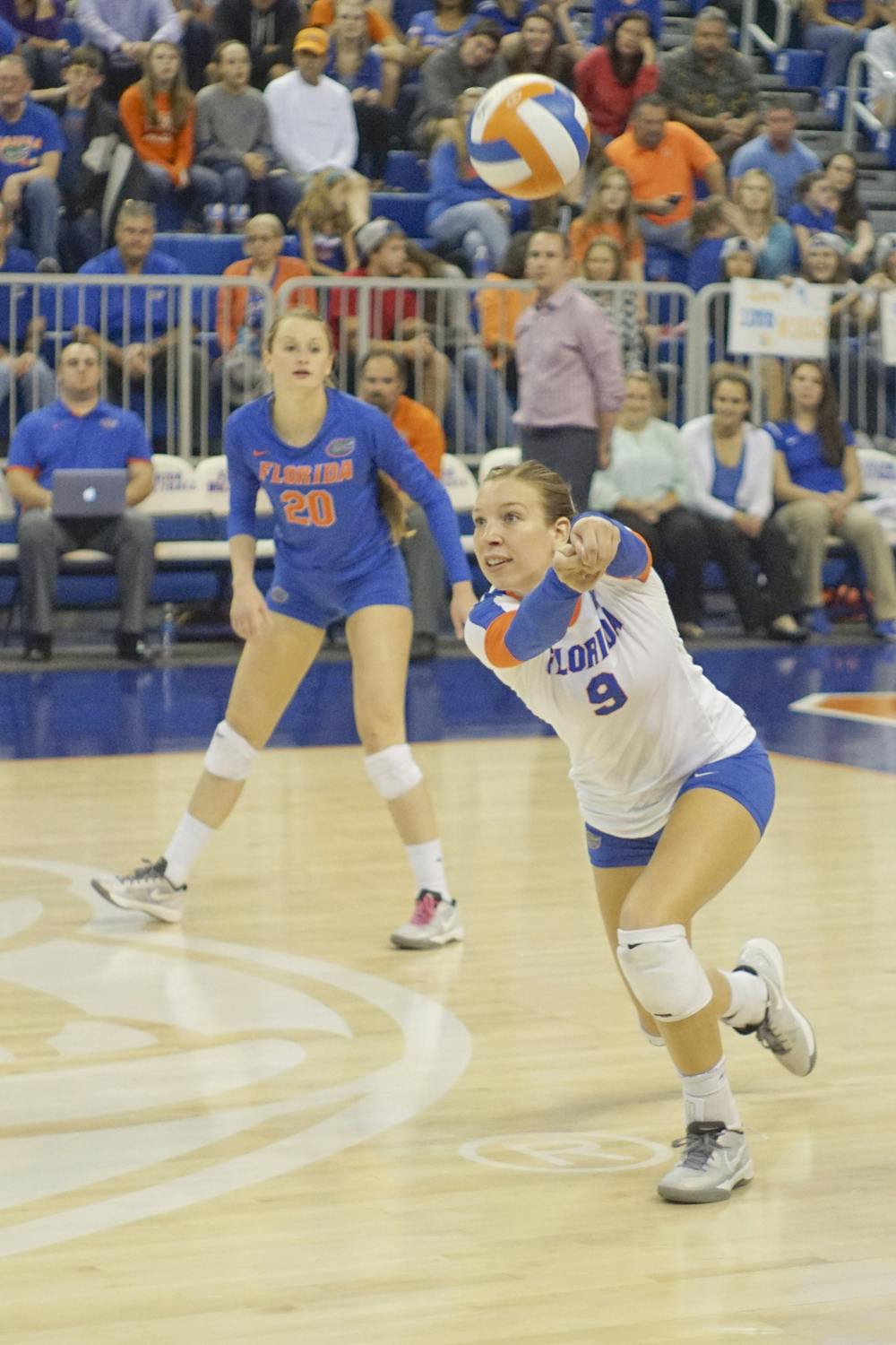 <p>UF outside hitter Ziva Recek digs a ball during Florida's 3-0 win against Alabama on Nov. 13, 2015, in the O'Connell Center.</p>