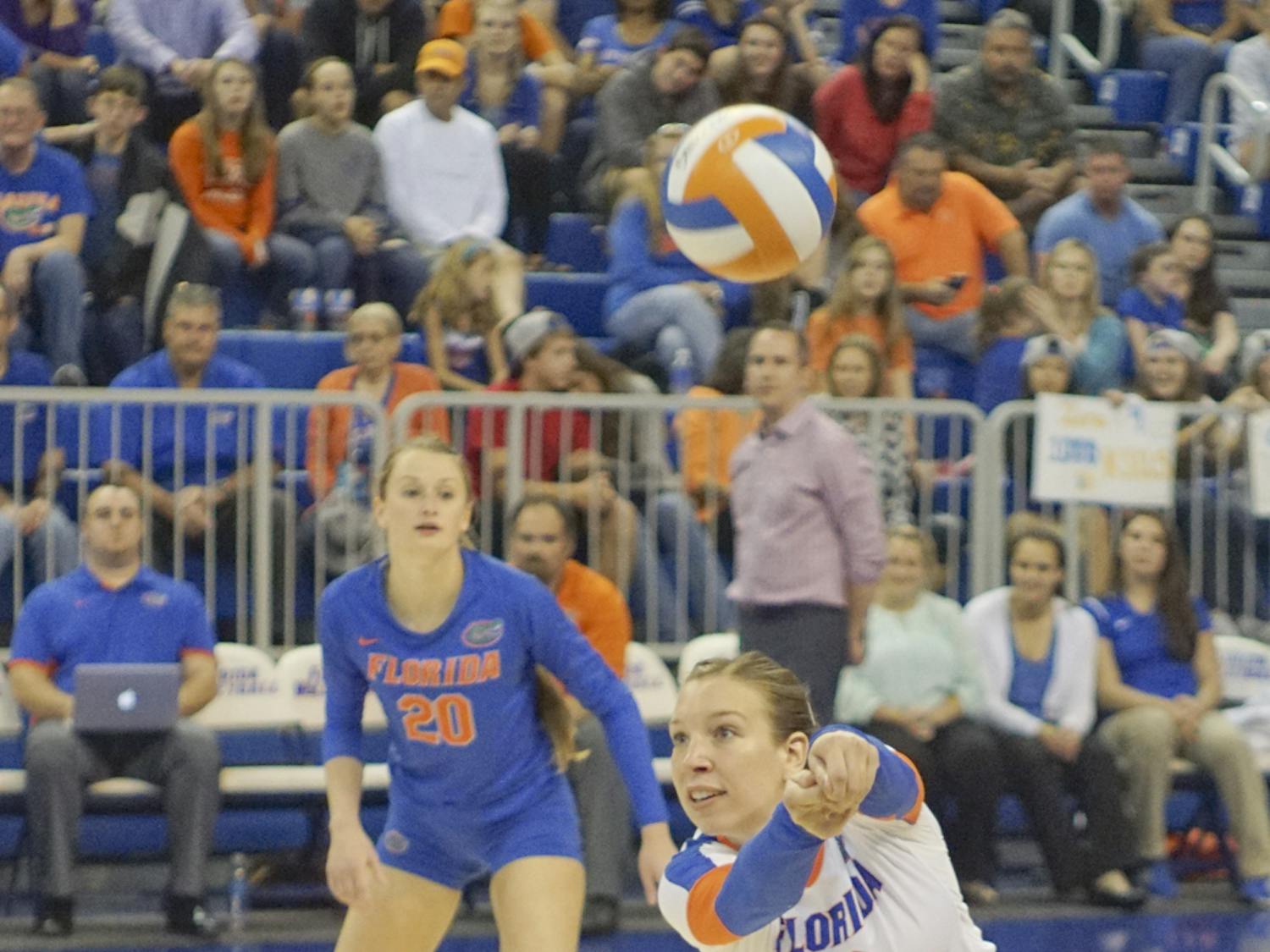 UF outside hitter Ziva Recek digs a ball during Florida's 3-0 win against Alabama on Nov. 13, 2015, in the O'Connell Center.