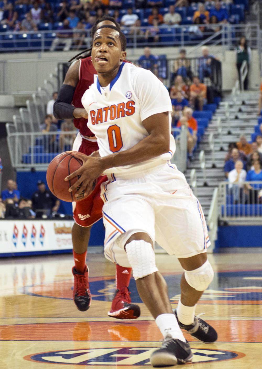 <p>Kasey Hill drives down the lane during Florida’s 110-88 victory against Florida Southern during an exhibition game Friday in the O’Connell Center. The freshman scored 17 points in the game.</p>