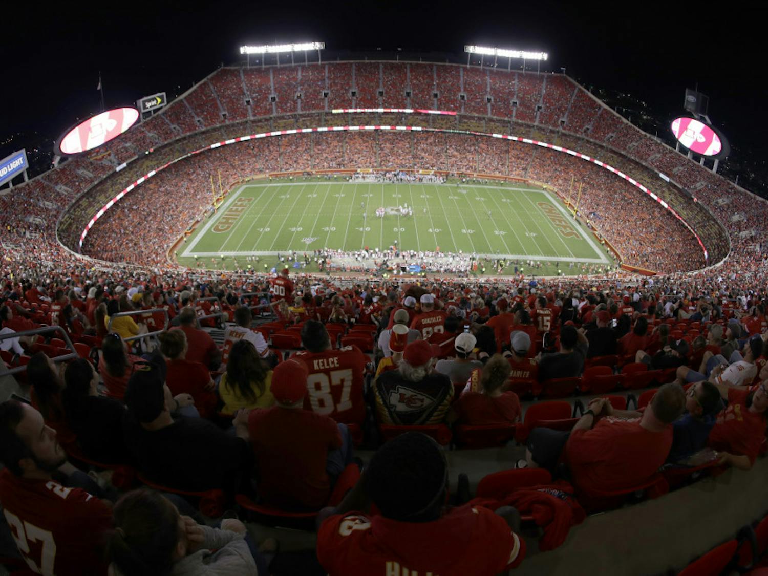 FILE - In this Aug. 24, 2019, file photo, the Kansas City Chiefs and the San Francisco 49ers play during the second half of an NFL preseason football game at Arrowhead Stadium in Kansas City, Mo. The Chiefs will open defense of their Super Bowl championship by hosting Houston on Sept. 10 in the NFL's annual kickoff game — pending developments in the coronavirus pandemic, of course. (AP Photo/Charlie Riedel, File)