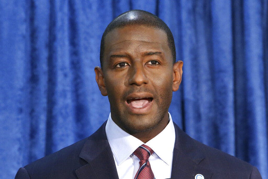 FILE - In this Nov. 10, 2018 file photo, Andrew Gillum the Democrat candidate for governor speaks at a news conference in Tallahassee, Fla. Gillum is named in a police report Friday, March 13, 2020 saying he was “inebriated" and initially unresponsive in a hotel room where authorities found baggies of suspected crystal methamphetamine. Gillum, the former Tallahassee mayor who ran for governor in 2018, is not charged with any crime. The Miami Beach police report says that Gillum was allowed to leave the hotel for home after he was checked out medically. (AP Photo/Steve Cannon, File)