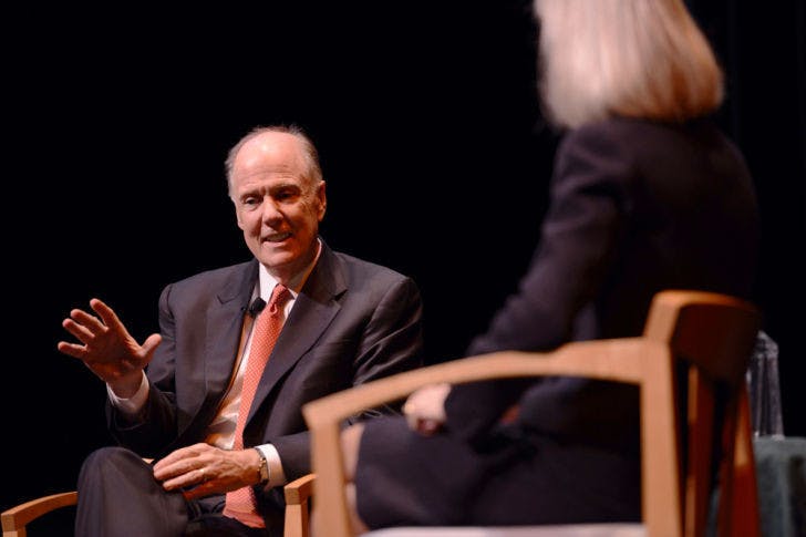 Former national security adviser Tom Donilon speaks Thursday in the Phillips Center for the Performing Arts. Donilon held office during the assassination of Osama bin Laden.