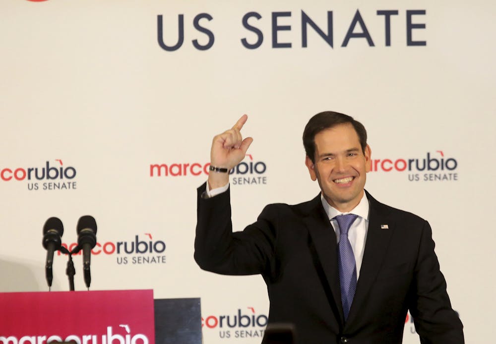 <p>U.S. Sen. Marco Rubio, R-Fla., addresses supporters after winning a second term in the U.S. Senate on Nov. 8, 2016 in Miami. Rubio defeated U.S. Rep. Patrick Murphy, a two-term congressman.</p>