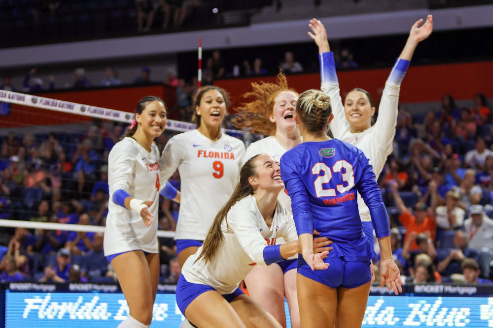 <p>The Florida volleyball team celebrates a point against the LSU Tigers Sunday Oct. 9, 2022. The Gators clinched a share of the Southeastern Conference title with their win over Ole Miss Saturday. It&#x27;s the 25th time in ﻿program history UF has won the title. </p>