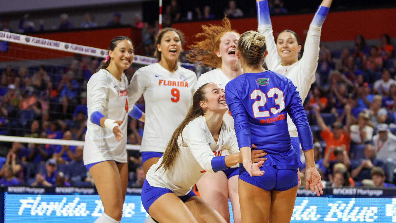 The Florida volleyball team celebrates a point against the LSU Tigers Sunday Oct. 9, 2022. The Gators clinched a share of the Southeastern Conference title with their win over Ole Miss Saturday. It&#x27;s the 25th time in ﻿program history UF has won the title. 