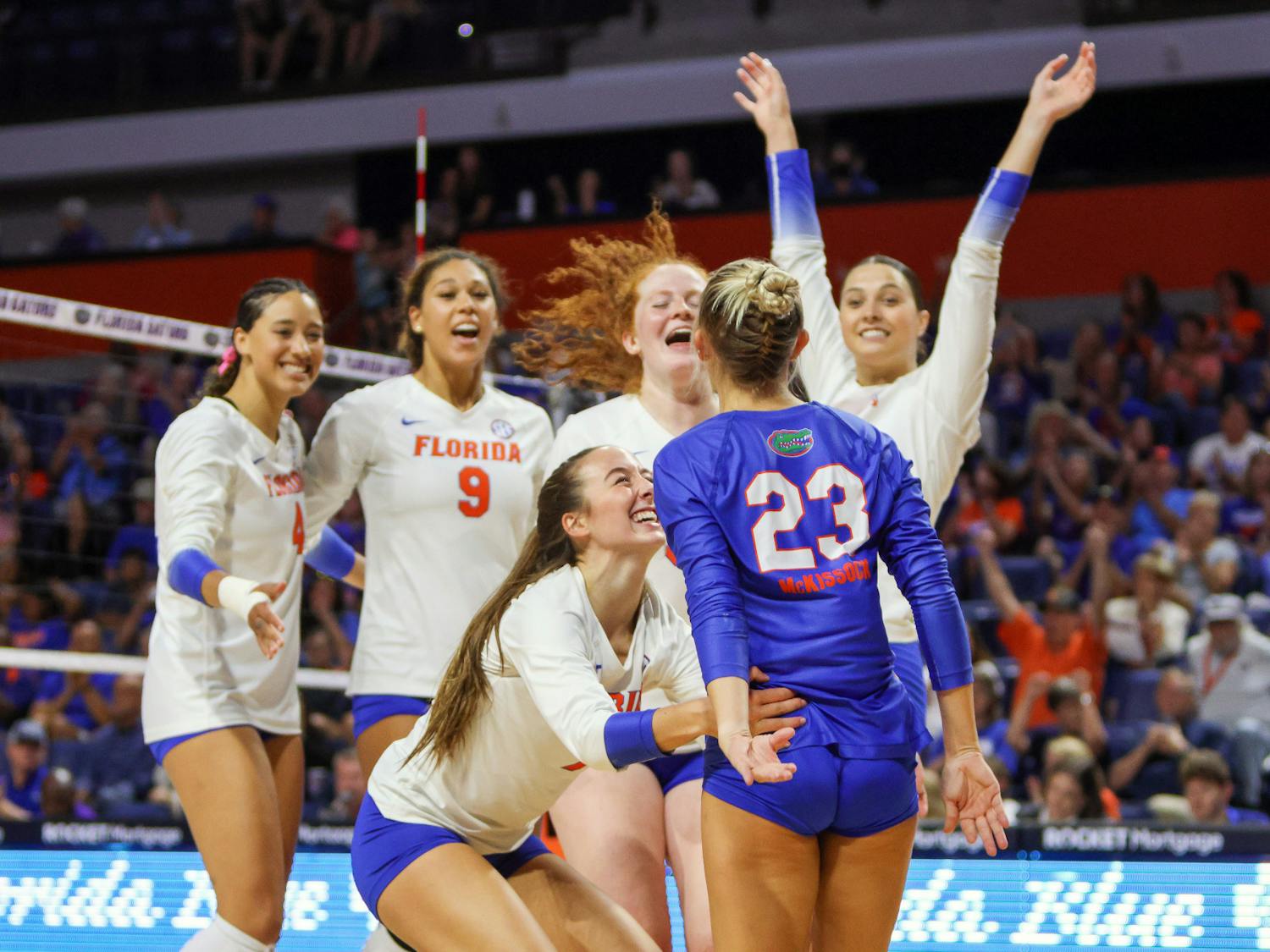 The Florida volleyball team celebrates a point against the LSU Tigers Sunday Oct. 9, 2022. The Gators clinched a share of the Southeastern Conference title with their win over Ole Miss Saturday. It's the 25th time in program history UF has won the title.